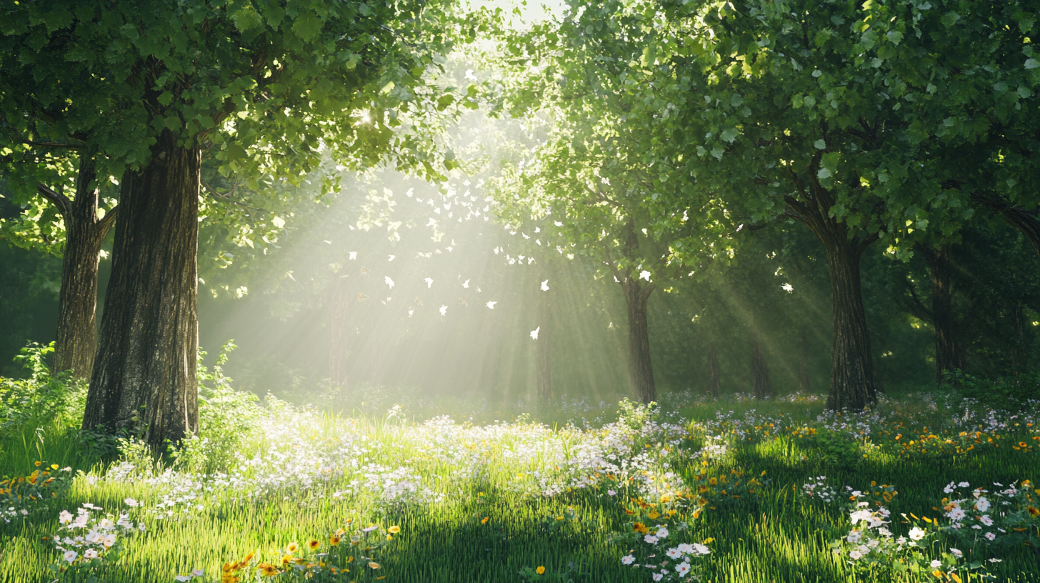 A peaceful, sunlit forest filled with life