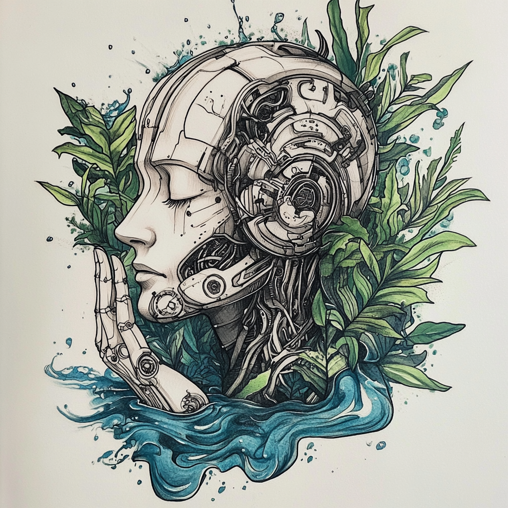 A peaceful cyborg meditating among nature and technology