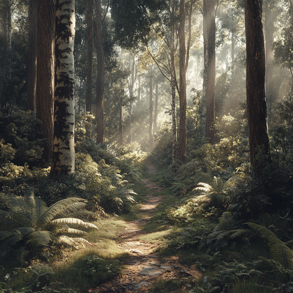 A peaceful forest path with sunlight and ferns.