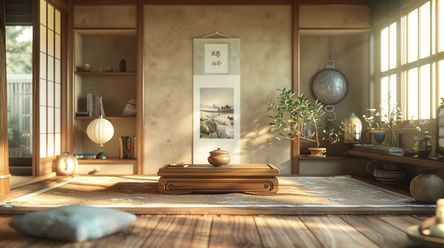 A peaceful home altar with warm lighting.