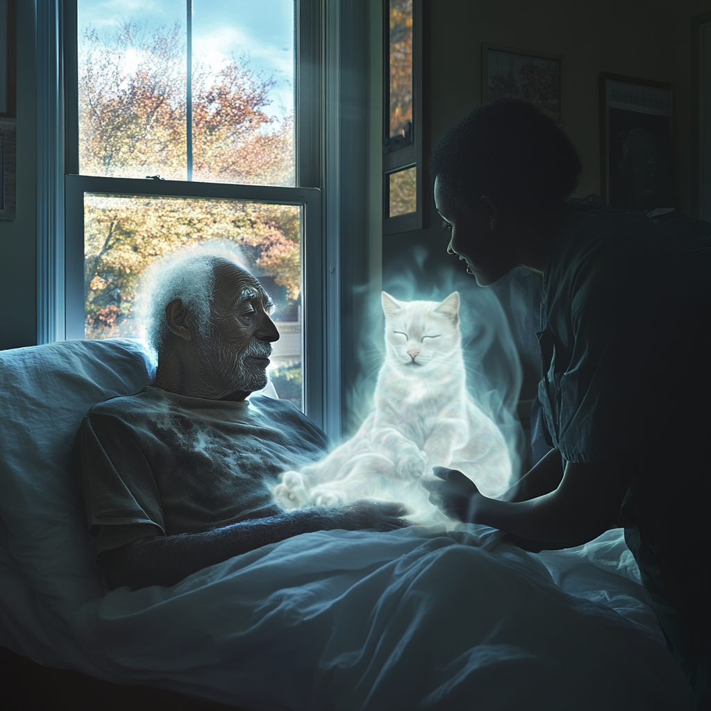 A peaceful old man and a glowing cat.