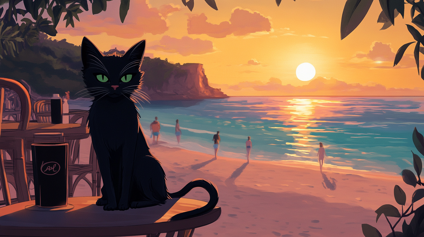 A peaceful sunset beachside café with Alto the cat.