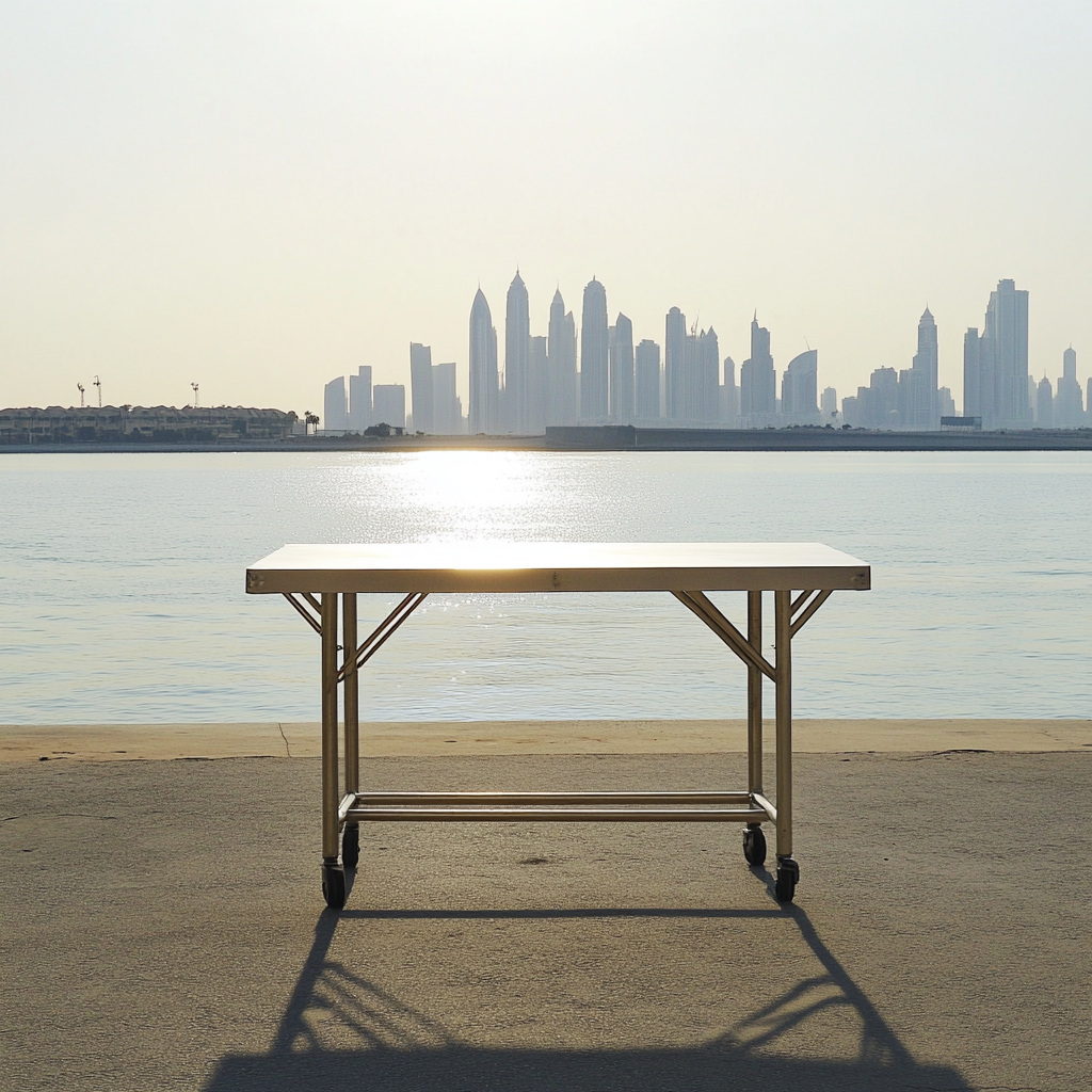 A peaceful table by Dubai's skyline awaits customers.