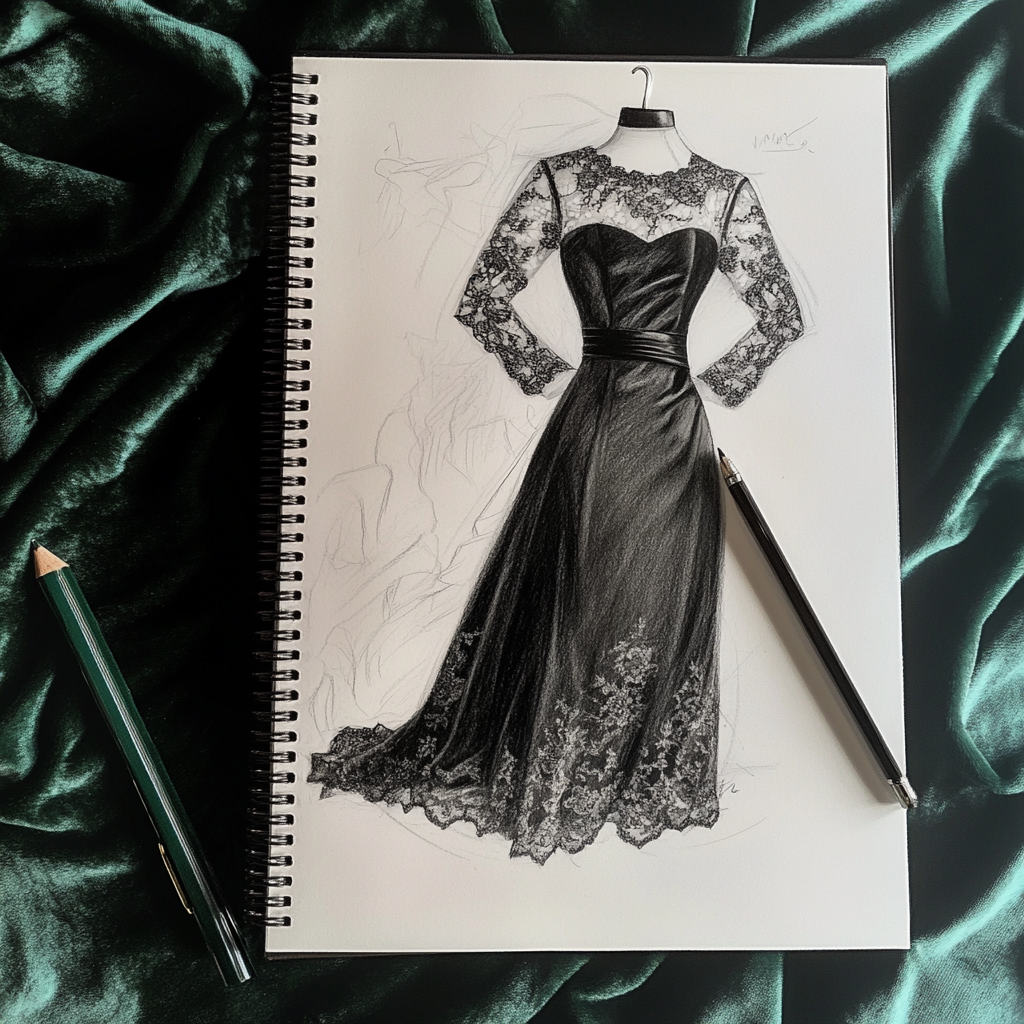 A pencil sketch of an elegant black dress