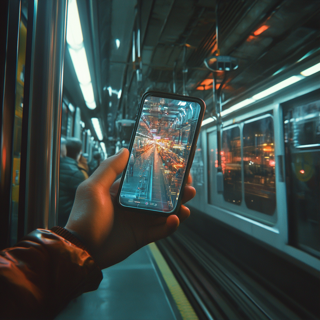 A person holds phone in subway station painting.