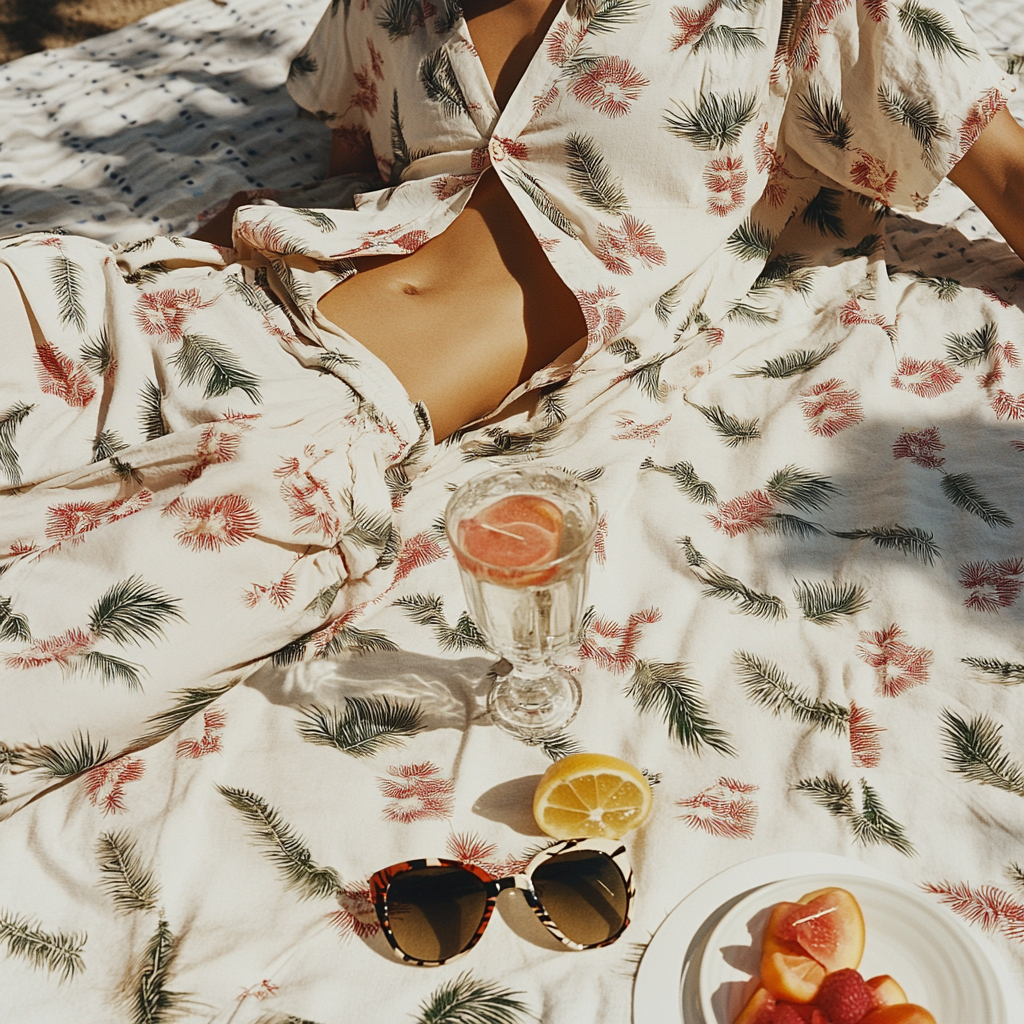 A person in Hawaiian shirt sets sunglasses, towel.