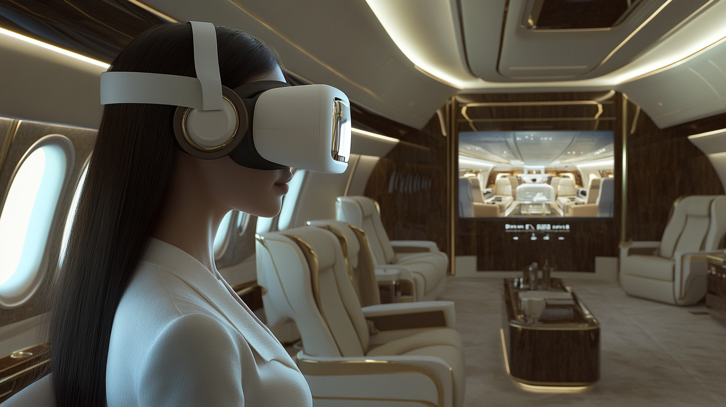 A person in VR goggles seeing VIP aircraft interior.