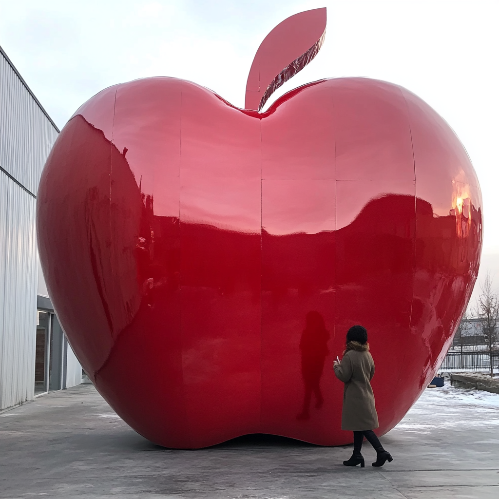 A person in a coat walking through apple cutout.