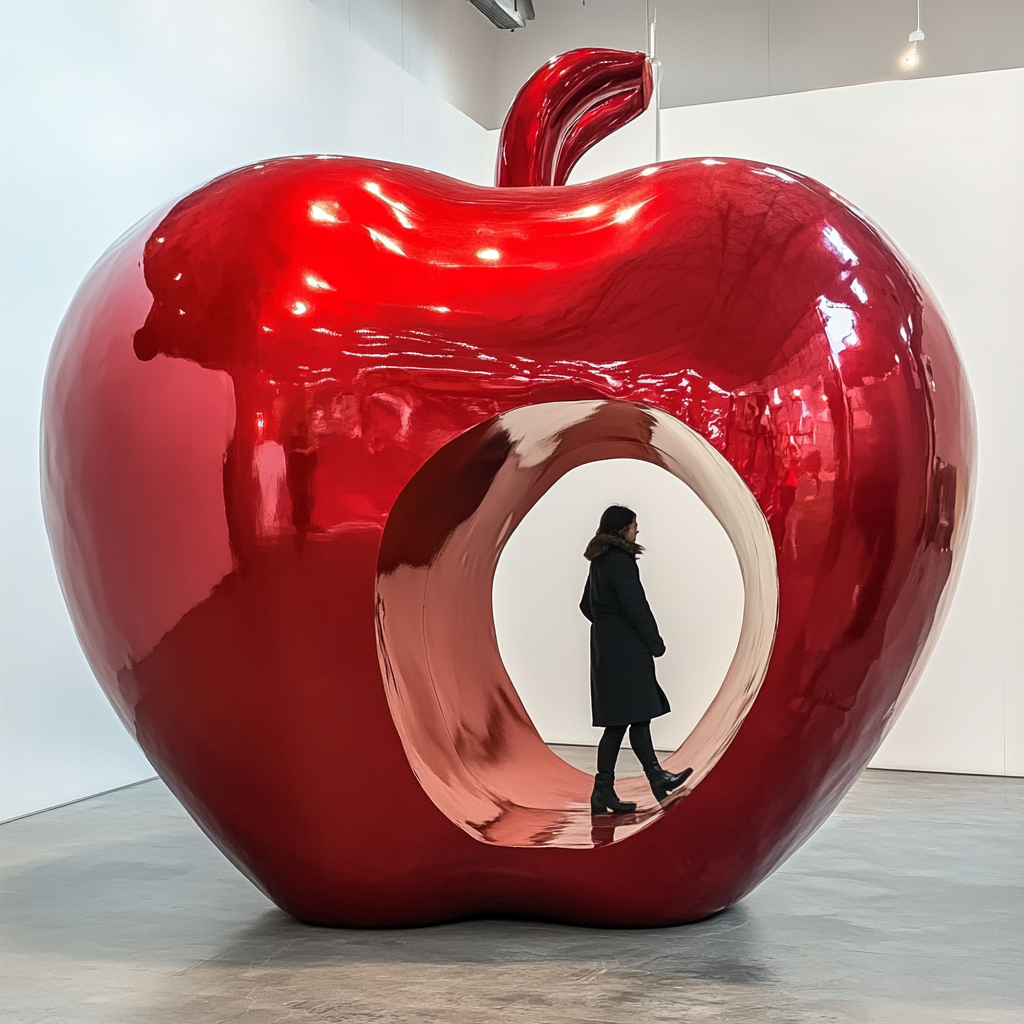 A person in a coat walks through apple.