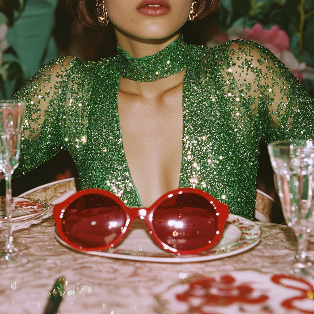 A person in a green sequin blouse.