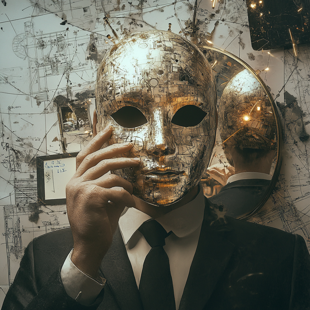 A person in fancy clothes holding a shiny mask