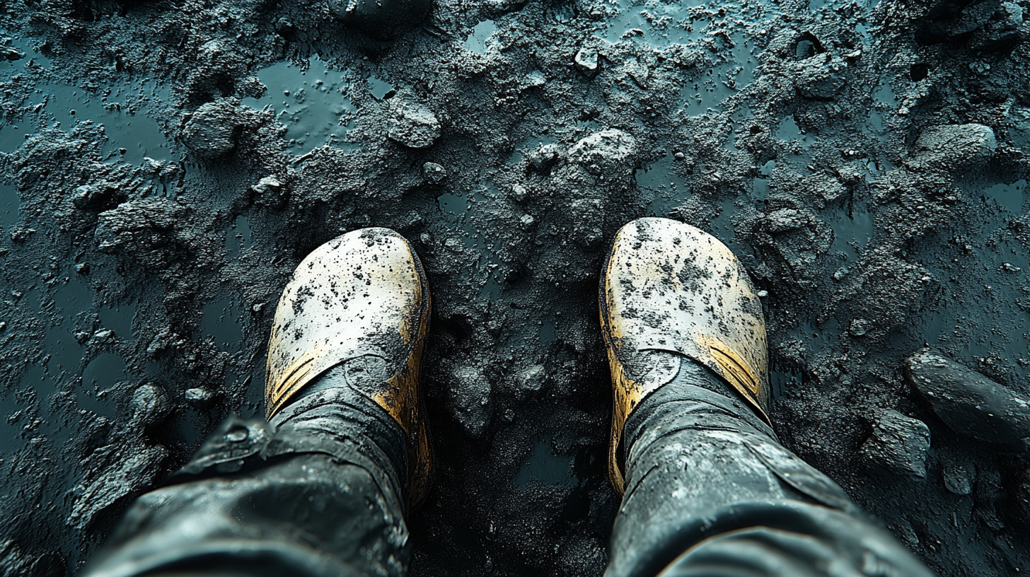 A person in flip-flops stands on the moon