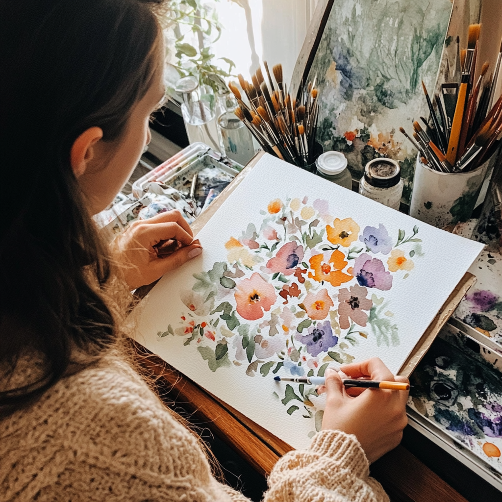 A person painting a floral watercolor on desk.