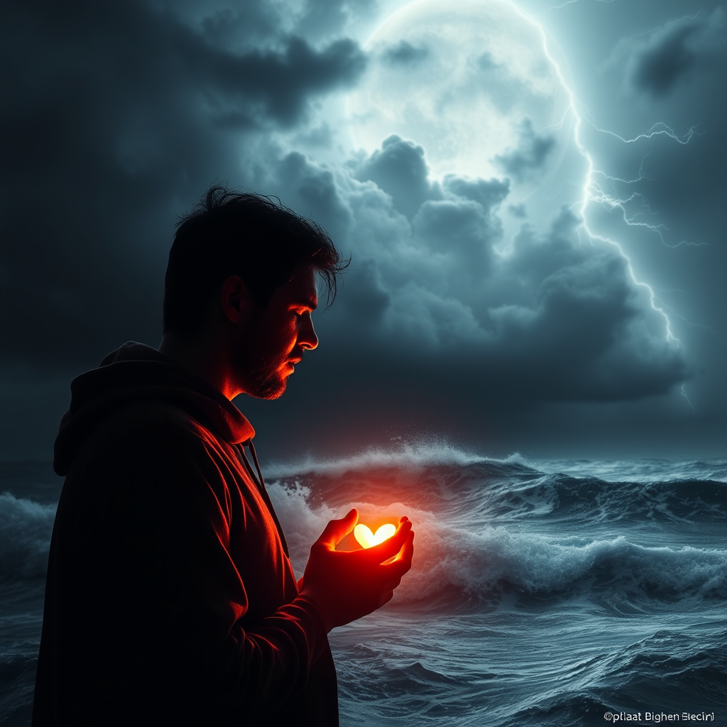 A person prays with heart glowing amidst storm.