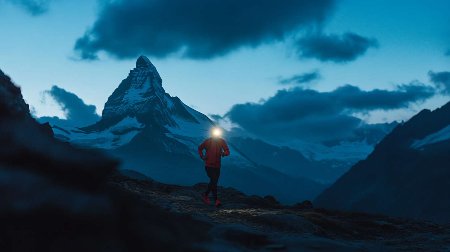 A person running on mountain at night with headlamp