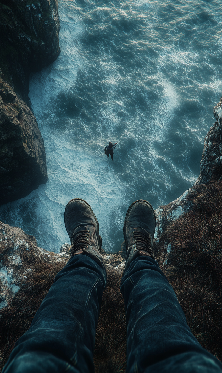 A person scared on stormy British island cliff.