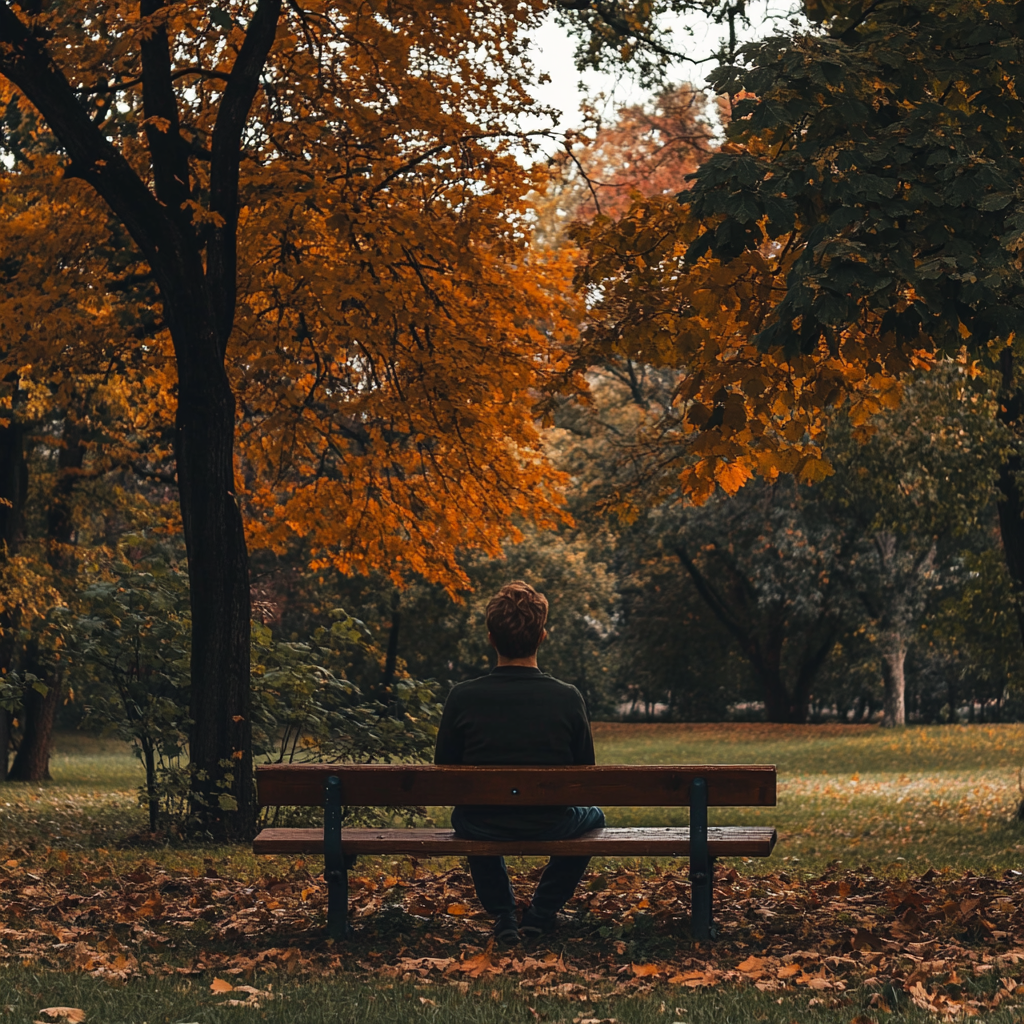 A person sits on a bench in a park surrounded by autumn trees.