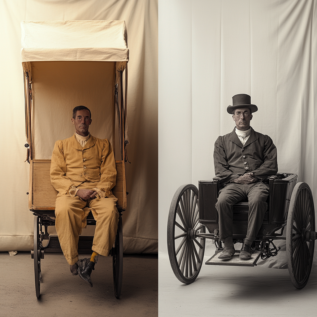 A person sitting in front of wooden carriage