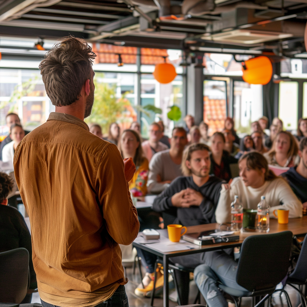 A person speaking to a group in Netherlands