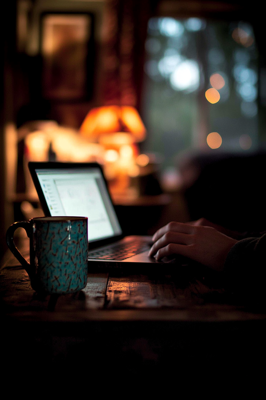 A person typing on laptop at home.