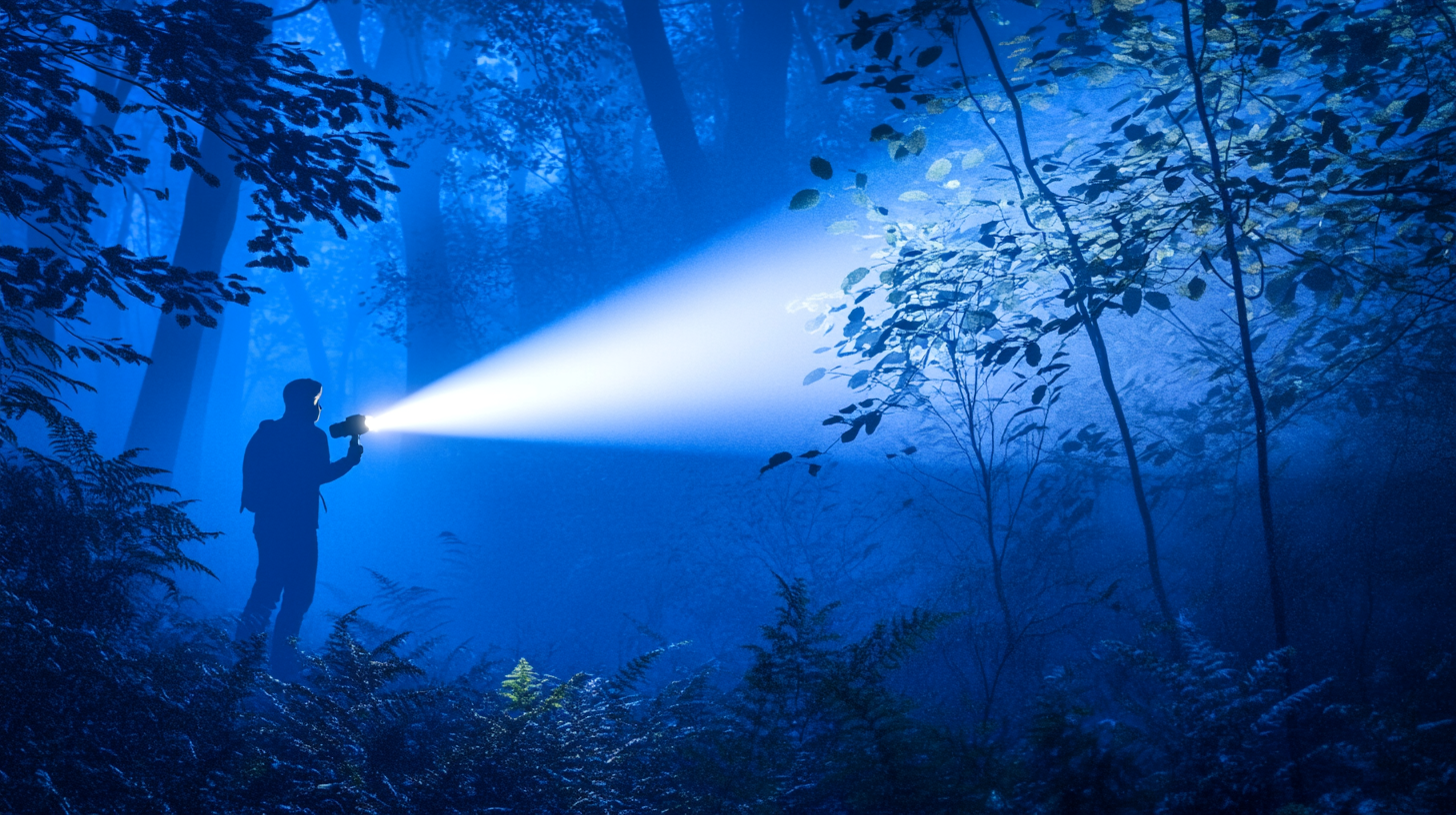 A person using a flashlight in a forest