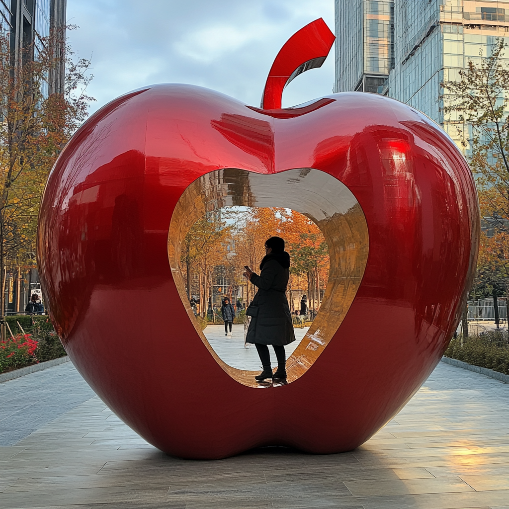 A person walking through a large shiny apple.