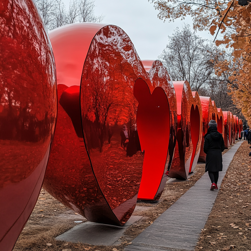 A person walks through shiny red apple walls.