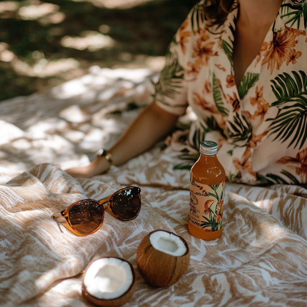 A person wearing Hawaiian shirt on beach picnic.