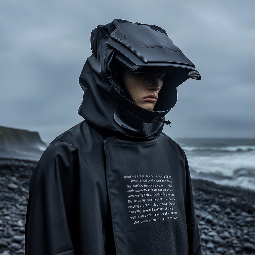 A person wearing a big black coat on beach