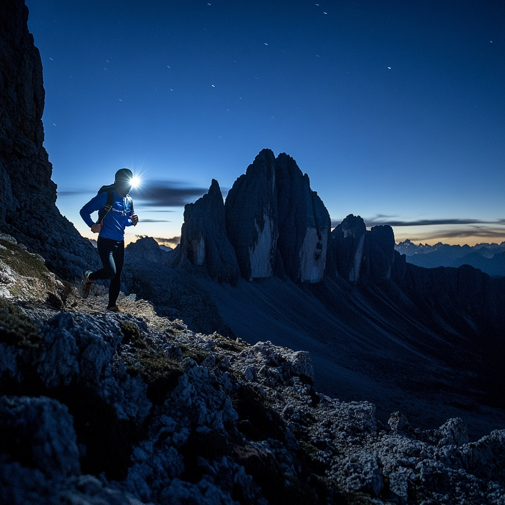 A person with a headlamp runs on mountain