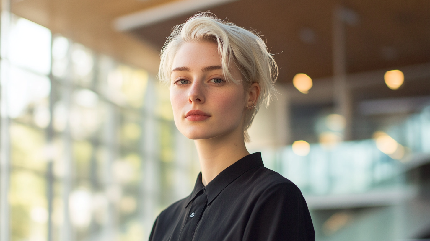 A person with light hair in a black shirt