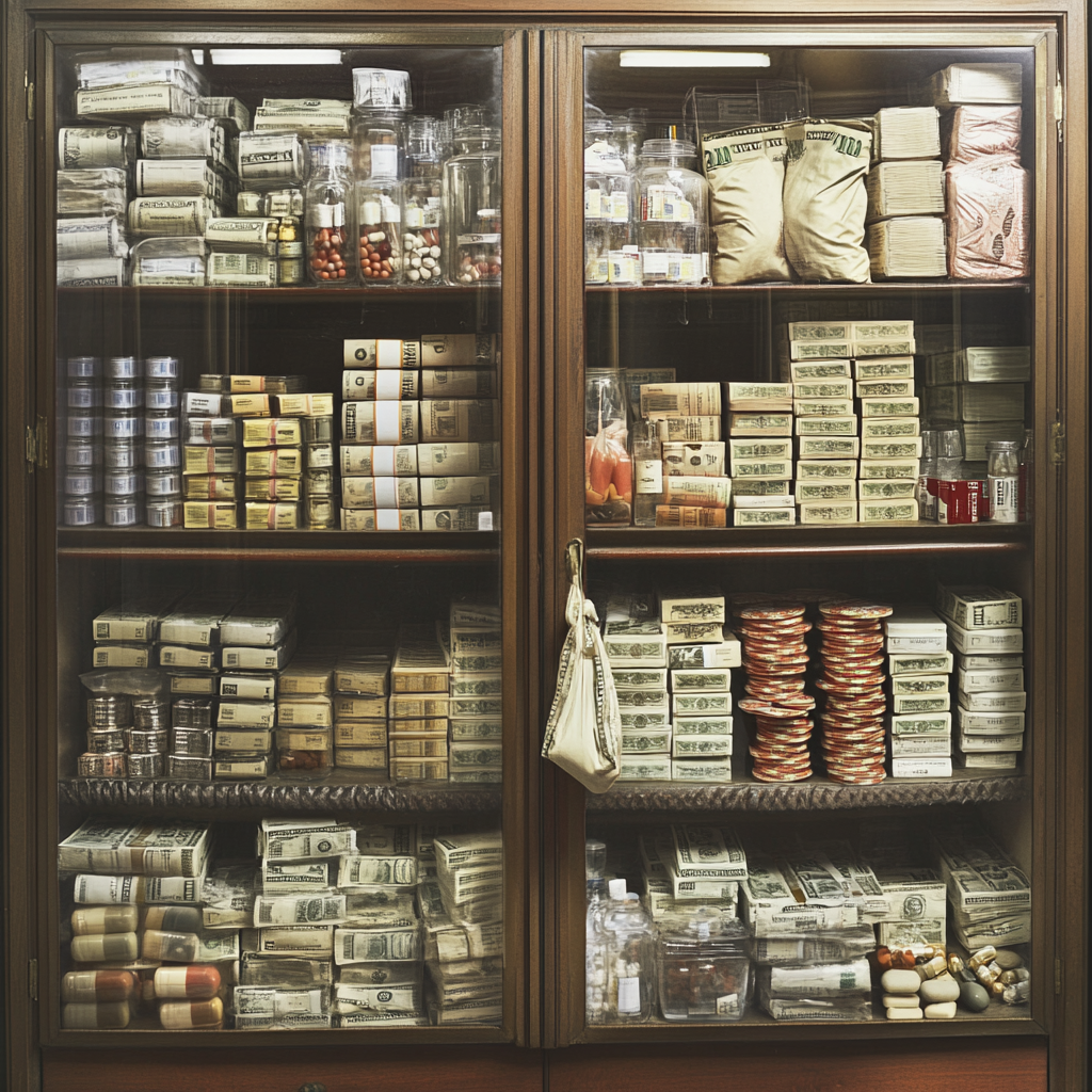 A pharmacy cabinet filled with money and medicine