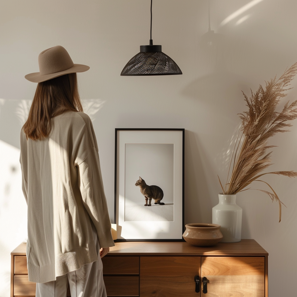 A photo frame on dresser with woman and cat.