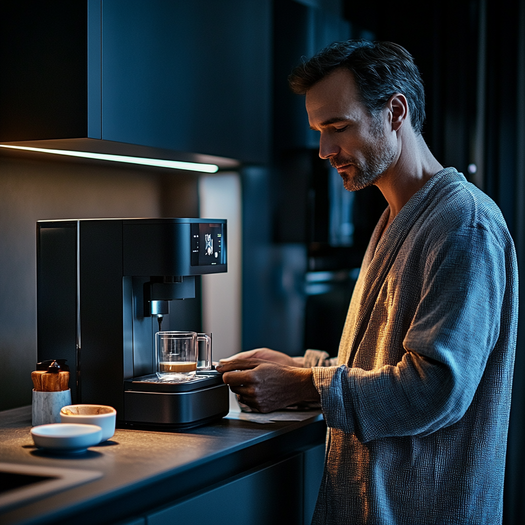 A photo of a man in kitchen using machine.