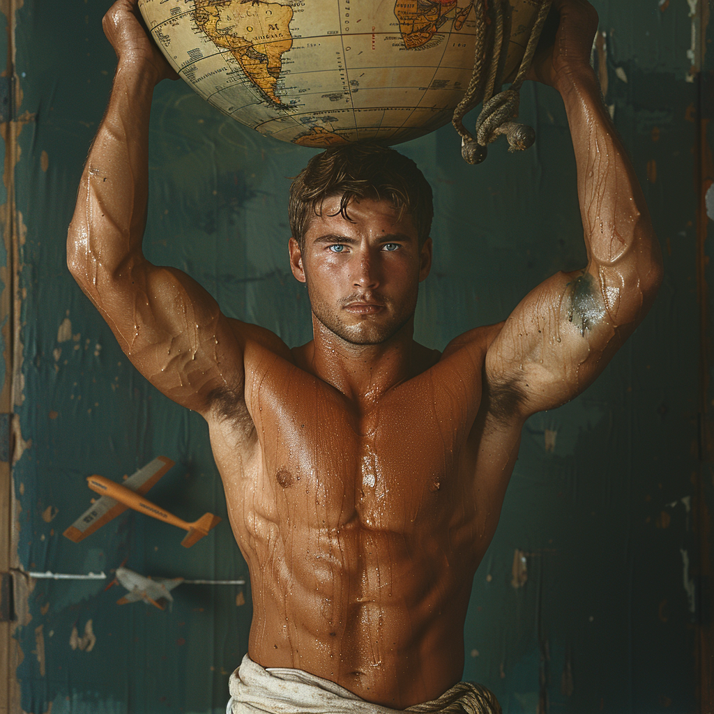 A photograph of a strong man as Atlas