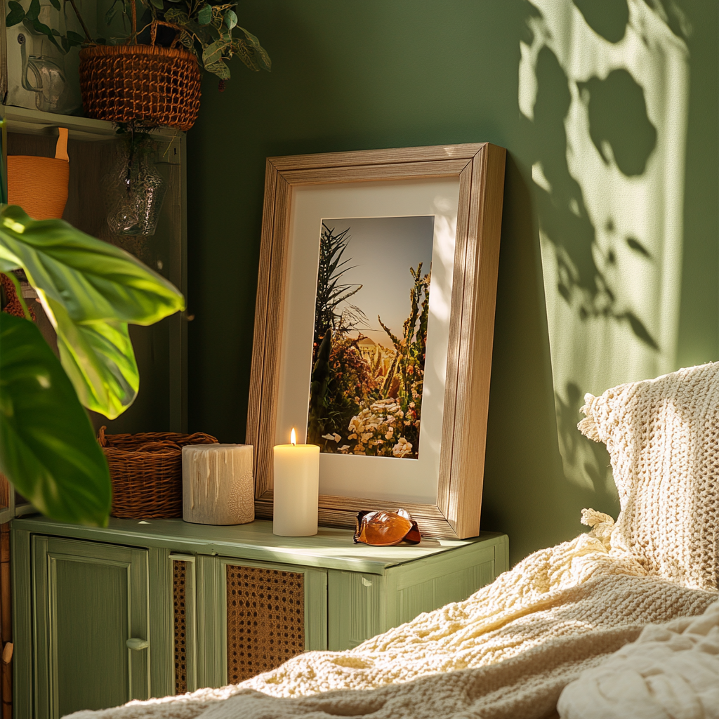 A picture frame with candle and plants inside.