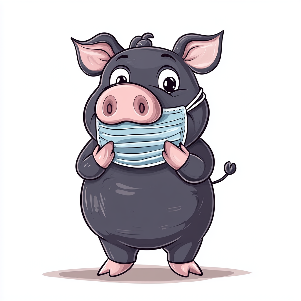 A pig wearing a hippo face mask, cartoon.