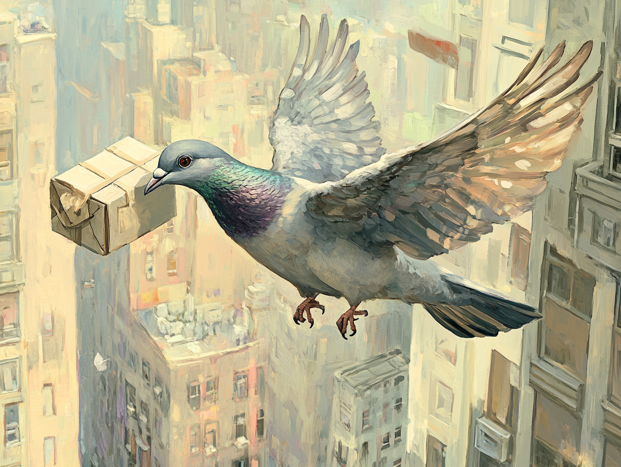 A pigeon delivers mail in the city.