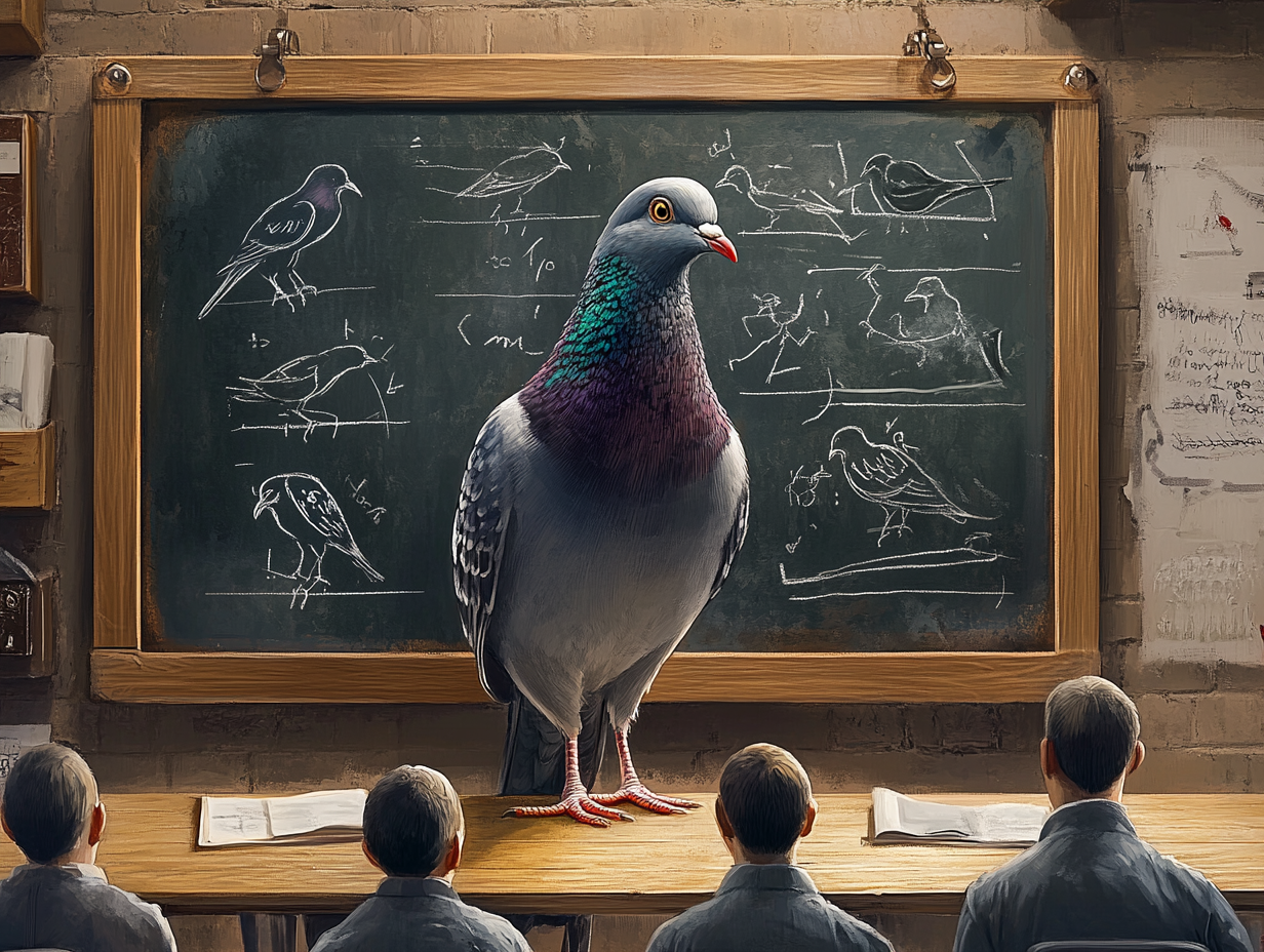 A pigeon teaches anatomy to classmates on blackboard.