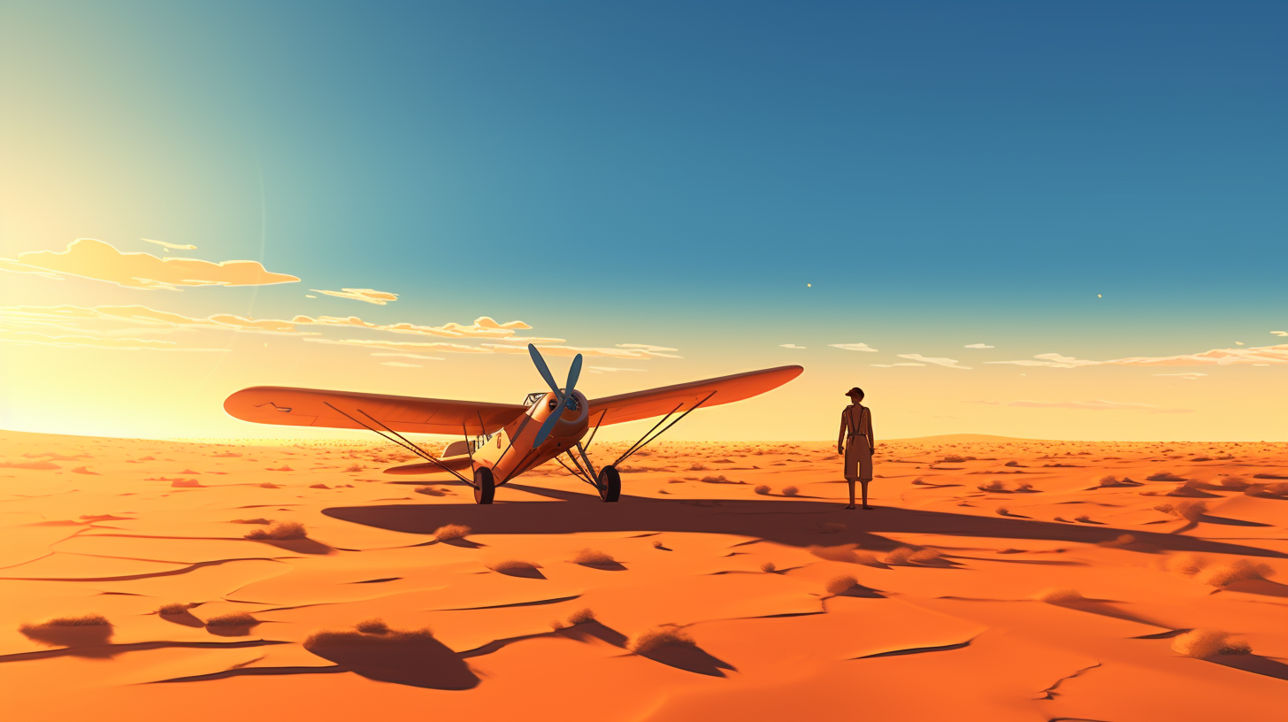 A pilot in desert with broken airplane.