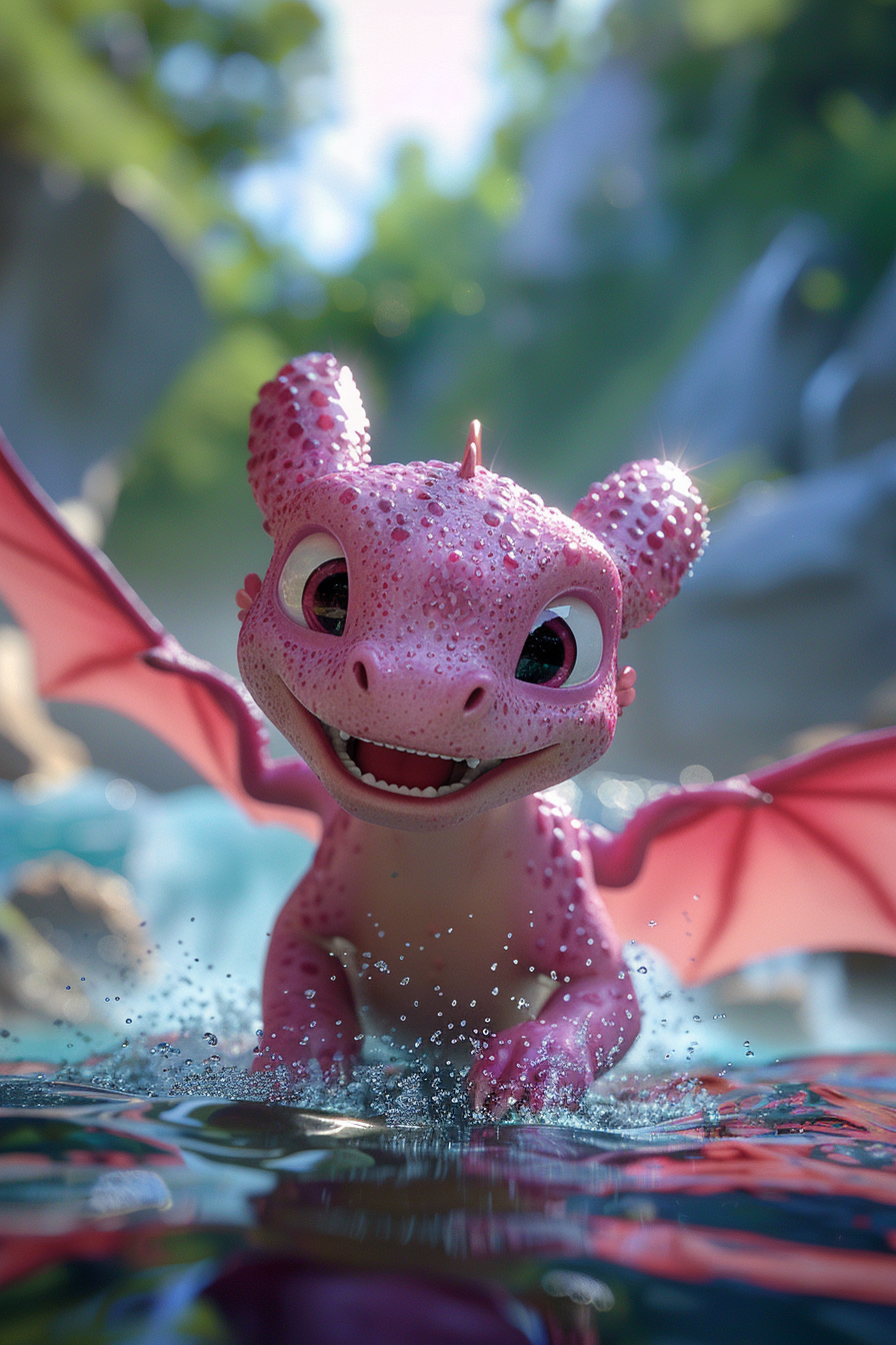 A pink dragon playing by the river.