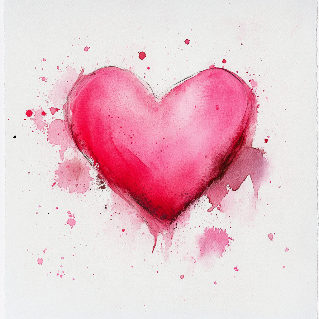 A pink heart painted with watercolors on white background.