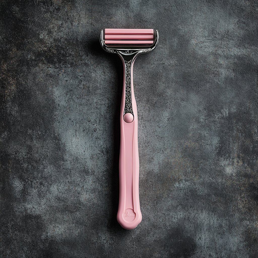 A pink razor on grey background with soft lighting.