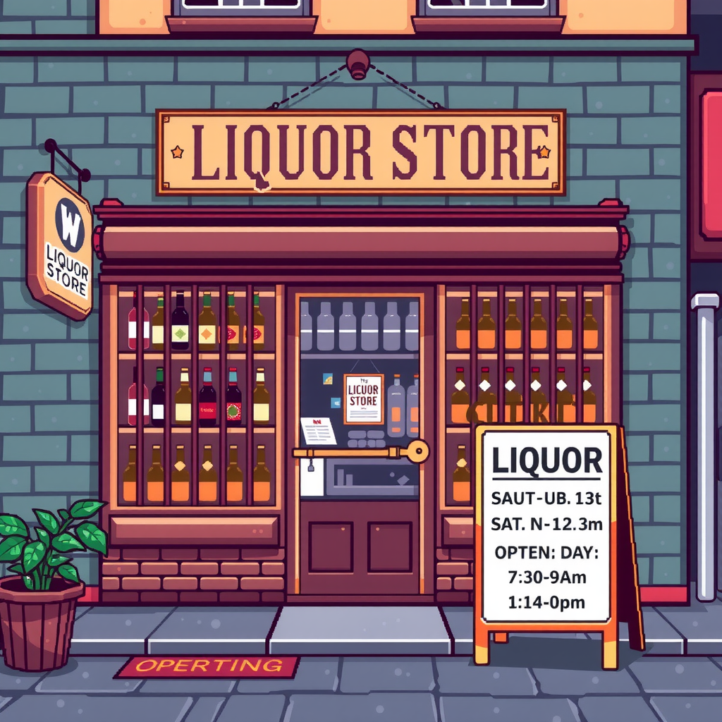 A pixel art liquor store with barred windows.