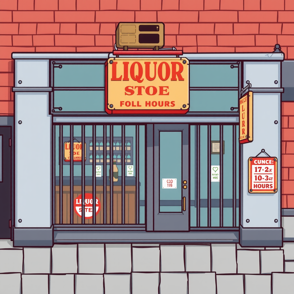 A pixel art liquor store with bars.