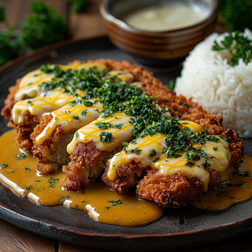 A plate of Japanese pork katsu with curry, cheese, and rice