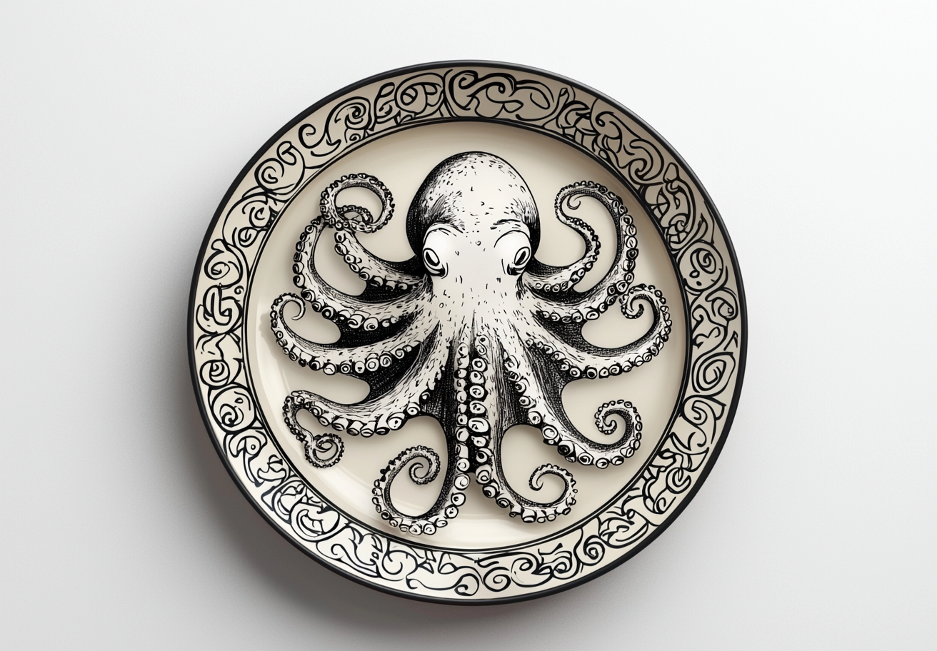 A plate with octopus and onions in mosaic style