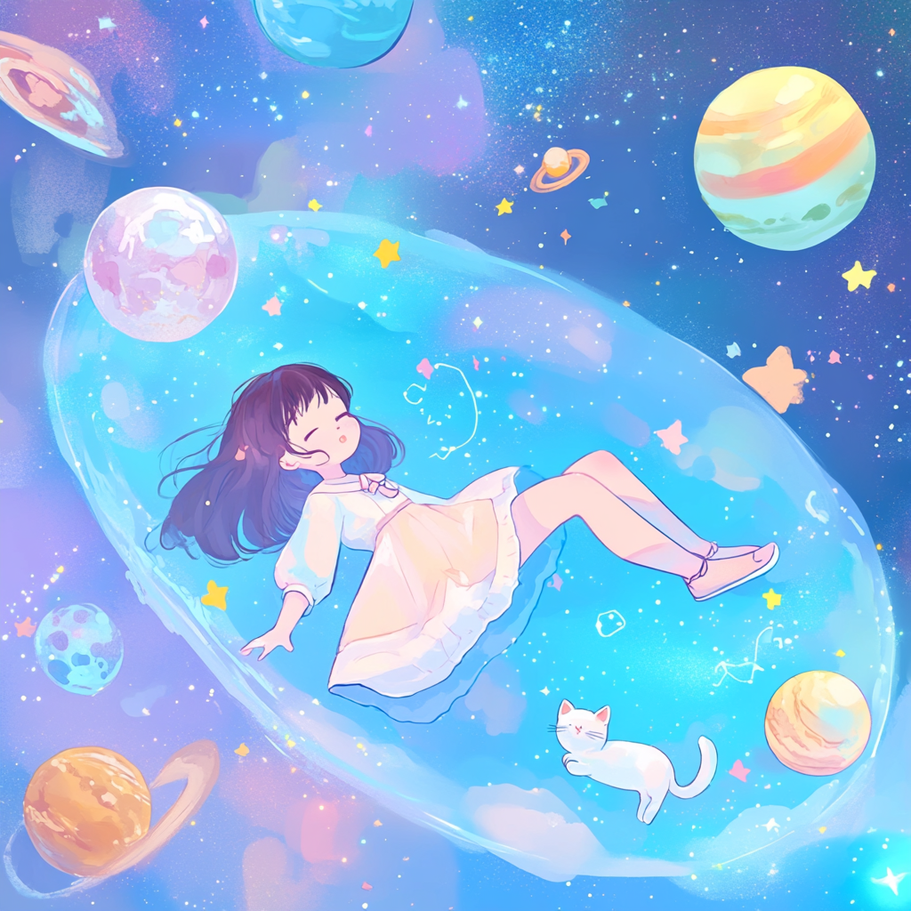 A playful cartoon anime girl and cat in space.