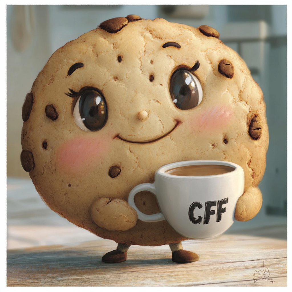 A playful cookie character holding coffee with charm.