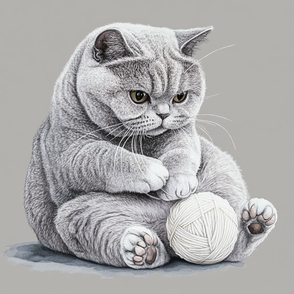 A playful fat gray British cat with a ball.